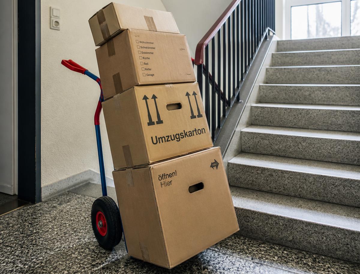 Sackkarre mit gestapelten Umzugskartons in einem Treppenhaus