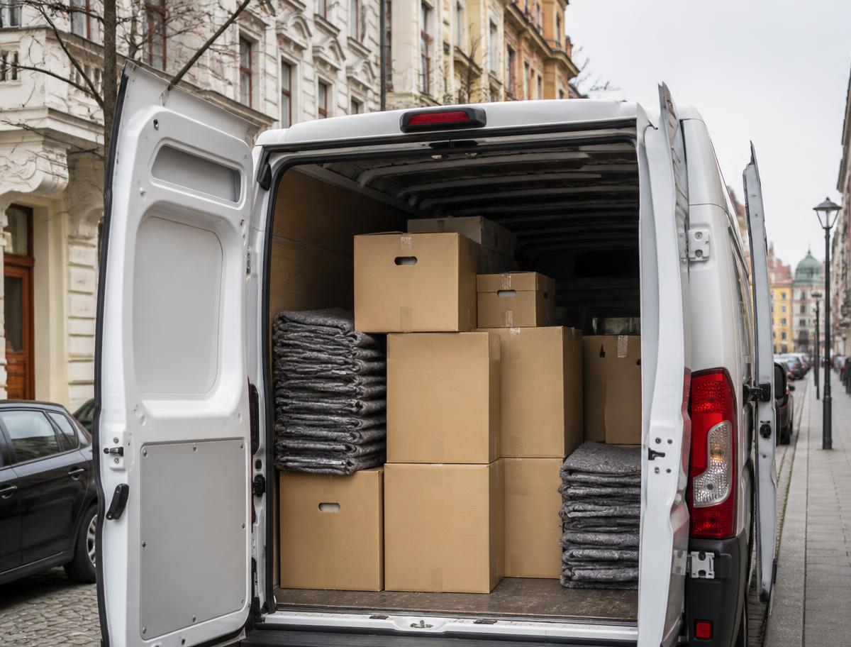 Beladener Transporter mit Umzugskartons und Schutzdecken in einer Münchner Straße